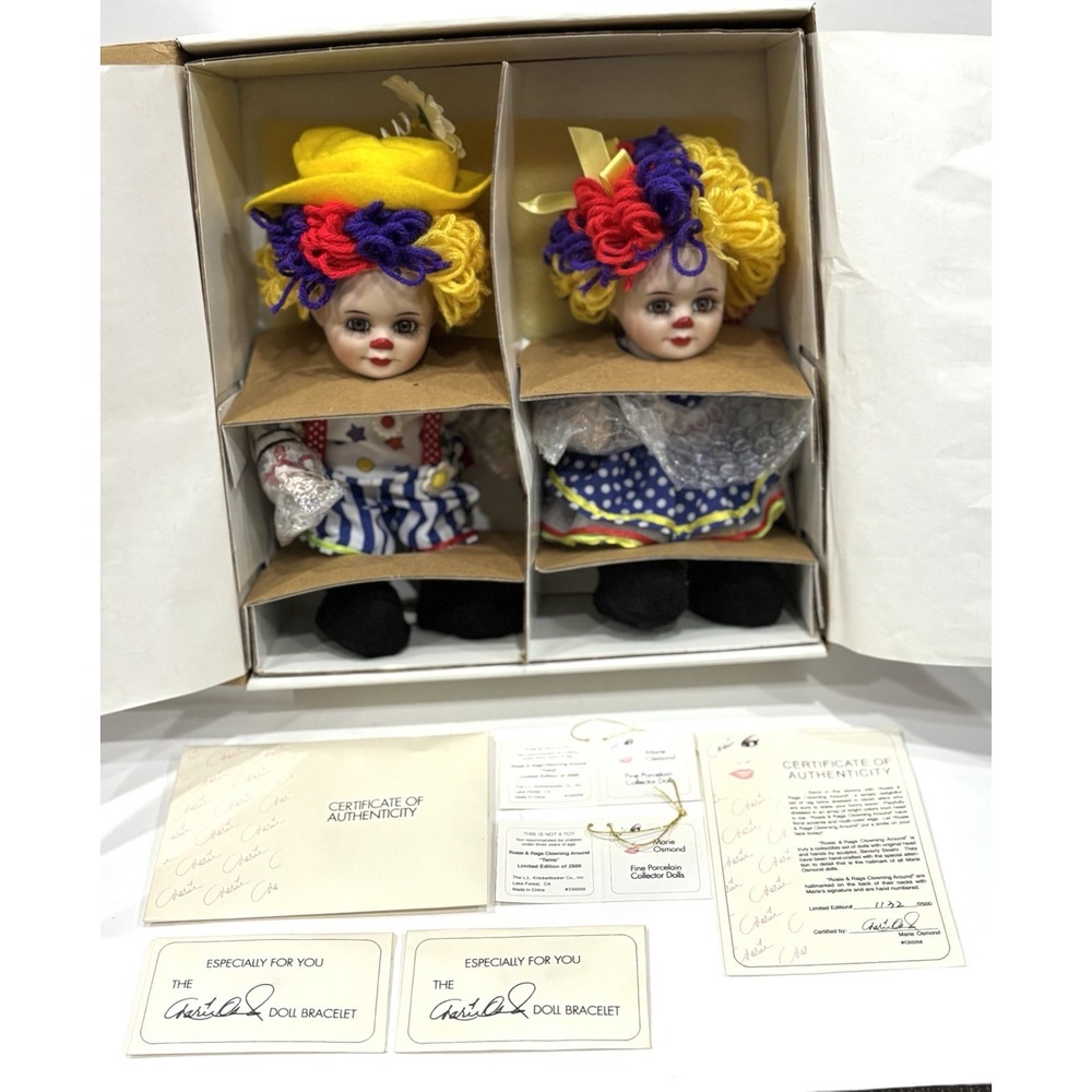 Marie Osmond Rosie & Rags Clowning Around Twins Porcelain Dolls COA Box